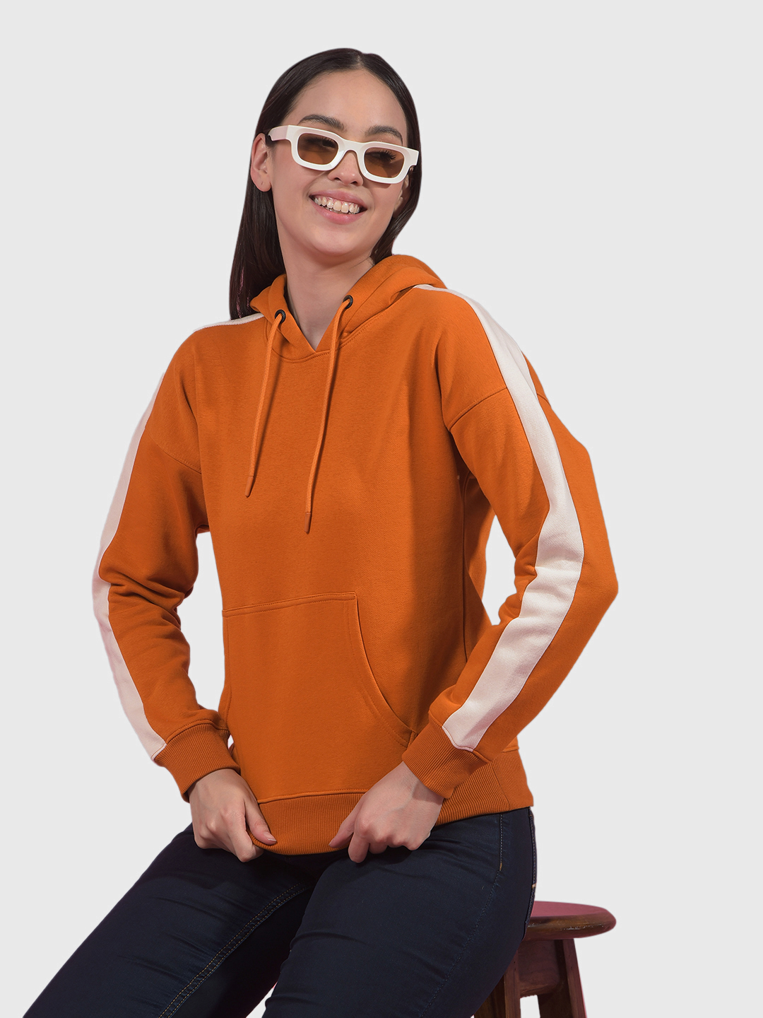 Numero Uno Women Apricot Color Block Hooded Sweatshirt